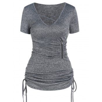 Cinched Tie T Shirt Ruched Bust Zipper Embellishment Heathered T-shirt Cross V Neck Short Sleeve Tee, Dark gray
Cinched Tie T Shirt Ruched Bust Zipper Embellishment Heathered T-shirt Cross V Neck Short Sleeve Tee, Dark gray