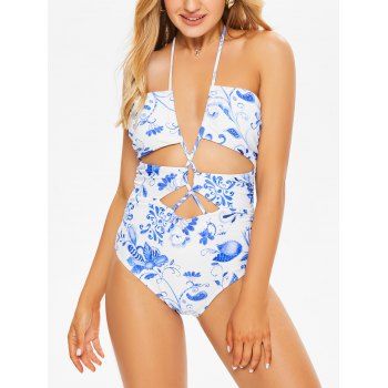 Beach One-piece Swimsuit Floral Print Swimwear Cut Out Open Back Cinched Halter Summer Vacation Bathing Suit, Light blue
Beach One-piece Swimsuit Floral Print Swimwear Cut Out Open Back Cinched Halter Summer Vacation Bathing Suit, Light blue