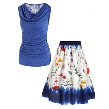 Solid Color Lace Panel Draped Tank Top and Leaf Floral Print Elastic Waist A Line Midi Skirt Two Piece Summer Casual Outfit, Blue
Solid Color Lace Panel Draped Tank Top and Leaf Floral Print Elastic Waist A Line Midi Skirt Two Piece Summer Casual Outfit, Blue