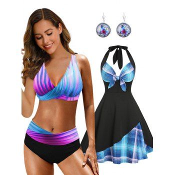 Plaid Knotted Corset Style A Line Dress Colorful Stripe Print Bikini Swimsuit And Bohemian Butterfly Drop Earrings Outfit, Multicolor
Plaid Knotted Corset Style A Line Dress Colorful Stripe Print Bikini Swimsuit And Bohemian Butterfly Drop Earrings Outfit, Multicolor