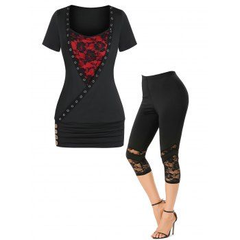 Gothic Style Rose Lace Mock Button Eyelet Ruched Tee And Capri Leggings Summer Outfit, Black
Gothic Style Rose Lace Mock Button Eyelet Ruched Tee And Capri Leggings Summer Outfit, Black