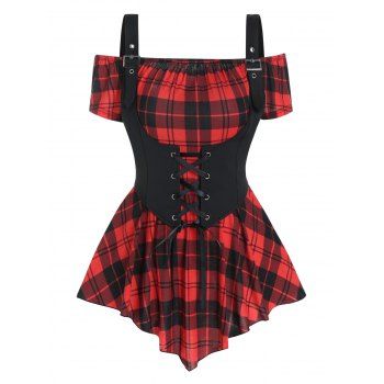 Vintage Top Plaid Print Off the Shoulder Pointed Hem T Shirt and Adjustable Strap Lace Up Corset Tank Top Two Piece Summer Top, Red
Vintage Top Plaid Print Off the Shoulder Pointed Hem T Shirt and Adjustable Strap Lace Up Corset Tank Top Two Piece Summer Top, Red