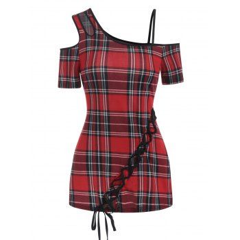 Plaid Print Top Cold Shoulder Summer Top Short Sleeve Skew Collar Lace Up Top, Red
Plaid Print Top Cold Shoulder Summer Top Short Sleeve Skew Collar Lace Up Top, Red