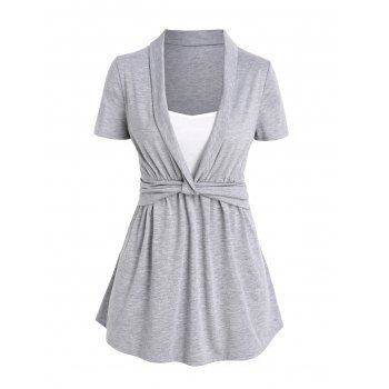 Heather Casual T Shirt Colorblock Twisted Fold Over Short Sleeve Long Summer Tee, Light gray
Heather Casual T Shirt Colorblock Twisted Fold Over Short Sleeve Long Summer Tee, Light gray