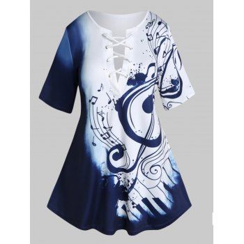 

Plus Size T Shirt Print T Shirt Lace Up Colorblock Round Neck Summer Casual Tee, Deep blue