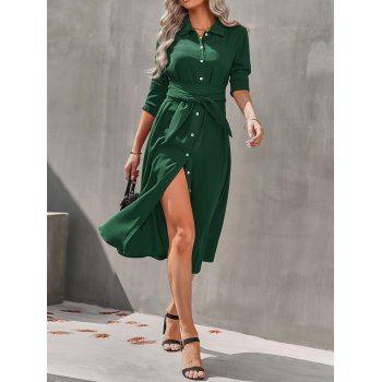 Business Casual Dress Plain Color Shirt Dress Long Sleeve Belted Midi Dress, Deep green
Business Casual Dress Plain Color Shirt Dress Long Sleeve Belted Midi Dress, Deep green