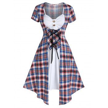 Contrast Plaid Print 2-in-1 Mini Dress Lace Up Faux Twinset Dress Mock Button Asymmetric Pointed Hem A Line Dress, Multicolor
Contrast Plaid Print 2-in-1 Mini Dress Lace Up Faux Twinset Dress Mock Button Asymmetric Pointed Hem A Line Dress, Multicolor