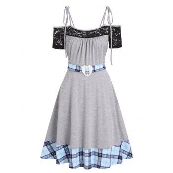 Casual Dress Floral Lace Panel Plaid Print Dress Cold Shoulder Colorblock Tied Self Belted A Line Mini Summer Dress, Light gray
Casual Dress Floral Lace Panel Plaid Print Dress Cold Shoulder Colorblock Tied Self Belted A Line Mini Summer Dress, Light gray