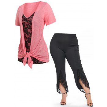 Plus Size Lace Panel Bicolor Draped T-shirt And Flower Lace Insert High Waist Slit Flare Pants Summer Outfit, Multicolor
Plus Size Lace Panel Bicolor Draped T-shirt And Flower Lace Insert High Waist Slit Flare Pants Summer Outfit, Multicolor