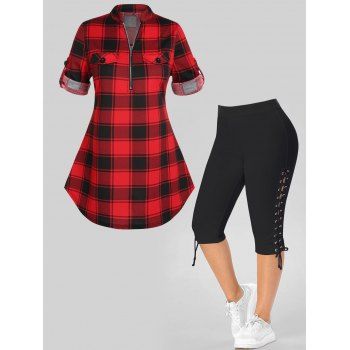 Plus Size Plaid Pattern Curved Hem Roll Up Sleeve Blouse And Eyelet Lace Up Capri Leggings Outfit, Multicolor
Plus Size Plaid Pattern Curved Hem Roll Up Sleeve Blouse And Eyelet Lace Up Capri Leggings Outfit, Multicolor