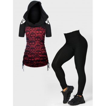 Skull Lace Panel Cinched Cross Cut Out Hooded T Shirt and Solid Color Textured Leggings Casual Gothic Outfit, Black
Skull Lace Panel Cinched Cross Cut Out Hooded T Shirt and Solid Color Textured Leggings Casual Gothic Outfit, Black