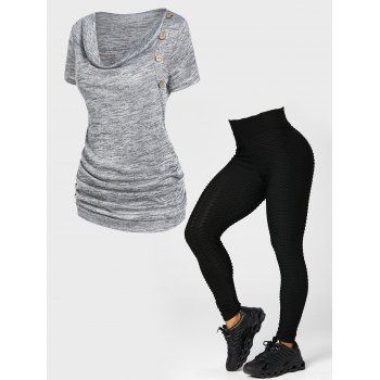 Space Dye Mock Button Ruched Draped T Shirt and Solid Color Textured Leggings Summer Casual Outfit, Multicolor
Space Dye Mock Button Ruched Draped T Shirt and Solid Color Textured Leggings Summer Casual Outfit, Multicolor