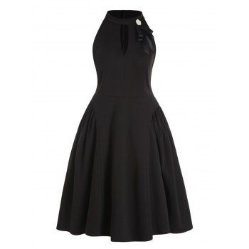 Vintage Dress Solid Color Cut Out Faux Pearl Bowknot Sleeveless High Waist A Line Midi Party Dress, Black
Vintage Dress Solid Color Cut Out Faux Pearl Bowknot Sleeveless High Waist A Line Midi Party Dress, Black