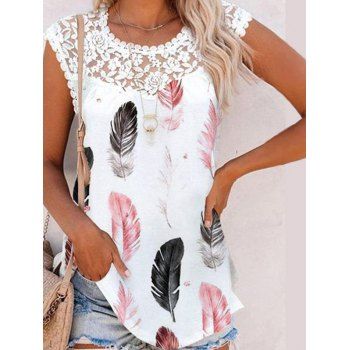 Casual Tank Top Colored Feather Print Tank Top Floral Lace Panel Summer Top, White
Casual Tank Top Colored Feather Print Tank Top Floral Lace Panel Summer Top, White