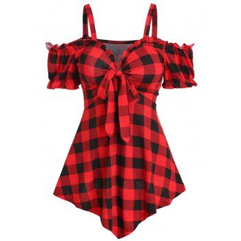 Plaid Print T Shirt Cold Shoulder Puff Sleeve T-shirt Ruffles Bowknot V Neck Tee, Red
Plaid Print T Shirt Cold Shoulder Puff Sleeve T-shirt Ruffles Bowknot V Neck Tee, Red