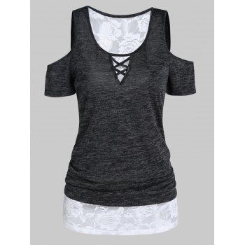 Casual Space Dye T Shirt Cut Out Crisscross Cold Shoulder Floral Lace Panel Summer Tee, Dark gray
Casual Space Dye T Shirt Cut Out Crisscross Cold Shoulder Floral Lace Panel Summer Tee, Dark gray