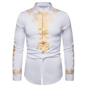 Casual Shirt Contrast Bronzing Shirt Stand Collar Long Sleeve Vintage Button-up Shirt, White
Casual Shirt Contrast Bronzing Shirt Stand Collar Long Sleeve Vintage Button-up Shirt, White