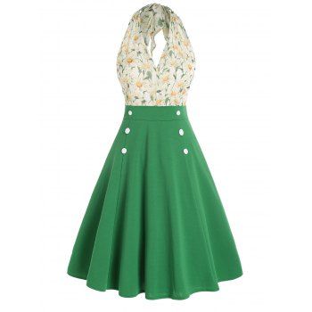 Vacation Dress Leaf Flower Print Mock Button High Waist Sleeveless Halter A Line Midi Summer Dress, Green
Vacation Dress Leaf Flower Print Mock Button High Waist Sleeveless Halter A Line Midi Summer Dress, Green
