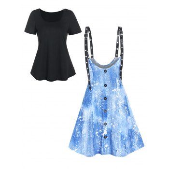 Plain Basic Short Sleeve Tee And Splash Painting Denim 3D Print Buckle Strap Dress Two Piece Set, Blue
Plain Basic Short Sleeve Tee And Splash Painting Denim 3D Print Buckle Strap Dress Two Piece Set, Blue