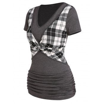 Casual Faux Twinset T Shirt Plaid Print Ruched Twisted V Neck Summer Twofer Tee, Dark gray
Casual Faux Twinset T Shirt Plaid Print Ruched Twisted V Neck Summer Twofer Tee, Dark gray