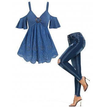 O Ring Floral Lace Panel Hollow Out Cold Shoulder T Shirt and Pockets Ripped Button Fly Jeans Casual Outfit, Multicolor
O Ring Floral Lace Panel Hollow Out Cold Shoulder T Shirt and Pockets Ripped Button Fly Jeans Casual Outfit, Multicolor