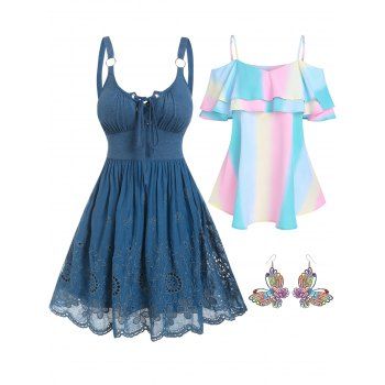 Flower Embroidery Lace Up Dress Cold Shoulder Ruffled Rainbow Ombre Pastel Tee And Butterfly Earrings Summer Outfit, Multicolor
Flower Embroidery Lace Up Dress Cold Shoulder Ruffled Rainbow Ombre Pastel Tee And Butterfly Earrings Summer Outfit, Multicolor