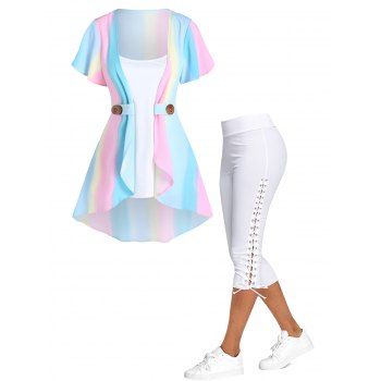 Ombre Rainbow Print Top Pure Color Camisole Two Piece Top and Lace Up Crop Leggings Summer Outfit, Multicolor
Ombre Rainbow Print Top Pure Color Camisole Two Piece Top and Lace Up Crop Leggings Summer Outfit, Multicolor