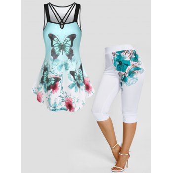 Flower Butterfly Print Crisscross Tank Top And High Waist Skinny Capri Leggings Summer Outfit, Multicolor
Flower Butterfly Print Crisscross Tank Top And High Waist Skinny Capri Leggings Summer Outfit, Multicolor