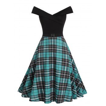 Vintage Dress Plaid Print Off The Shoulder Dress Crossover Belt A Line Dress, Green
Vintage Dress Plaid Print Off The Shoulder Dress Crossover Belt A Line Dress, Green