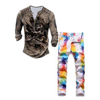 2 Pcs Skull Print Half Button T Shirt and Splash Ink Painting Colorblock Zipper Fly Jeans Casual Outfit, Multicolor
2 Pcs Skull Print Half Button T Shirt and Splash Ink Painting Colorblock Zipper Fly Jeans Casual Outfit, Multicolor