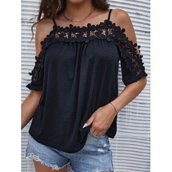 Guipure T Shirt Solid Color Cold Shoulder Hollow Out Lace Summer Casual Tee, Black
Guipure T Shirt Solid Color Cold Shoulder Hollow Out Lace Summer Casual Tee, Black