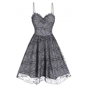 Vintage Sundress Spider Web Lace Overlay Mock Button Ruffle High Waisted A Line Midi Summer Dress, Gray
Vintage Sundress Spider Web Lace Overlay Mock Button Ruffle High Waisted A Line Midi Summer Dress, Gray