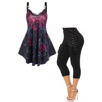 Gothic Leaf Rose Print Lace Panel Tank Top And Grommet Lace Up Cropped Leggings Summer Outfit, Black
Gothic Leaf Rose Print Lace Panel Tank Top And Grommet Lace Up Cropped Leggings Summer Outfit, Black