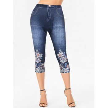 Skinny Capri Jeggings Faux Denim Flower Print Jeggings Elastic Waist Summer Casual Leggings, Black
Skinny Capri Jeggings Faux Denim Flower Print Jeggings Elastic Waist Summer Casual Leggings, Black