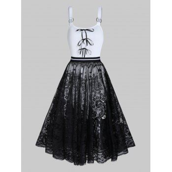 Two Piece Dress Bowknot Solid Color Dress and Printed Mesh Overlay A Line Midi Skirt Casual Set, White
Two Piece Dress Bowknot Solid Color Dress and Printed Mesh Overlay A Line Midi Skirt Casual Set, White
