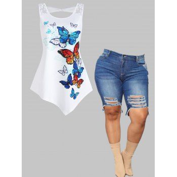 Plus Size Butterfly Floral Lace Insert Tank Top And Ripped Denim Shorts Summer Outfit, Multicolor
Plus Size Butterfly Floral Lace Insert Tank Top And Ripped Denim Shorts Summer Outfit, Multicolor