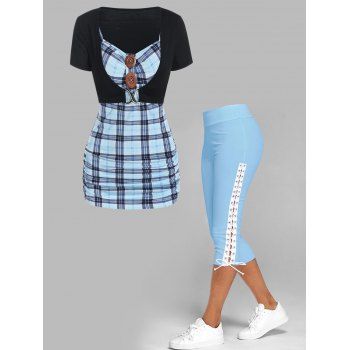 Plaid Ruched Mock Button Twofer T Shirt And Lace Up Skinny Crop Leggings Summer Casual Outfit, Light blue
Plaid Ruched Mock Button Twofer T Shirt And Lace Up Skinny Crop Leggings Summer Casual Outfit, Light blue
