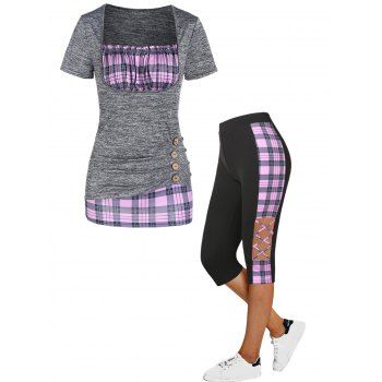 Plaid Print Ruched Bust Mock Button Faux Twinset T Shirt And Lattice Capri Leggings Summer Outfit, Multicolor
Plaid Print Ruched Bust Mock Button Faux Twinset T Shirt And Lattice Capri Leggings Summer Outfit, Multicolor