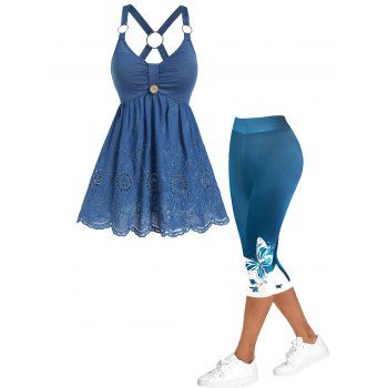 Hollow Out Flower Embroidery O Ring Tank Top And Colorblock Butterfly Print Capri Leggings Summer Outfit, Blue
Hollow Out Flower Embroidery O Ring Tank Top And Colorblock Butterfly Print Capri Leggings Summer Outfit, Blue