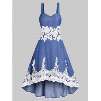 Contrast Flower Lace Denim Dress Sweetheart Neck Backless High Low A Line Dress, Deep blue
Contrast Flower Lace Denim Dress Sweetheart Neck Backless High Low A Line Dress, Deep blue