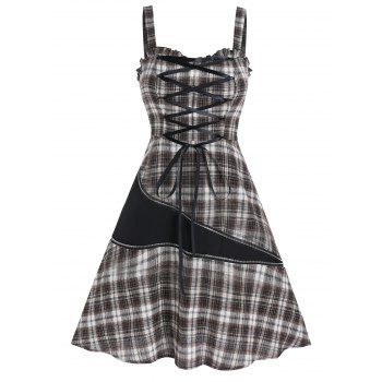 Plaid Print Mini Dress Ruffled Lace Up Backless A Line Dress Zipper Contrast Panel Sleeveless Dress, Deep coffee
Plaid Print Mini Dress Ruffled Lace Up Backless A Line Dress Zipper Contrast Panel Sleeveless Dress, Deep coffee