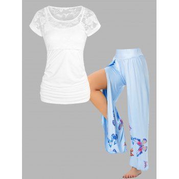 Lace Insert Ruched T-shirt And High Slit Butterfly Print Wide Leg Pants Summer Outfit, Multicolor
Lace Insert Ruched T-shirt And High Slit Butterfly Print Wide Leg Pants Summer Outfit, Multicolor