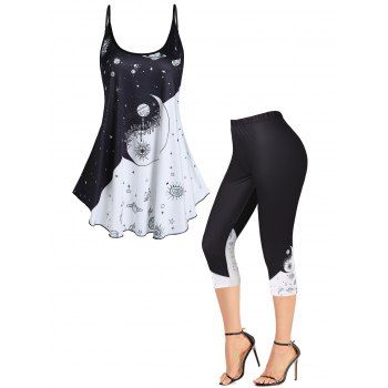 Colorblock Celestial Sun Moon Star Print Strappy Tank Top And High Waist Skinny Cropped Leggings Summer Outfit, Black
Colorblock Celestial Sun Moon Star Print Strappy Tank Top And High Waist Skinny Cropped Leggings Summer Outfit, Black