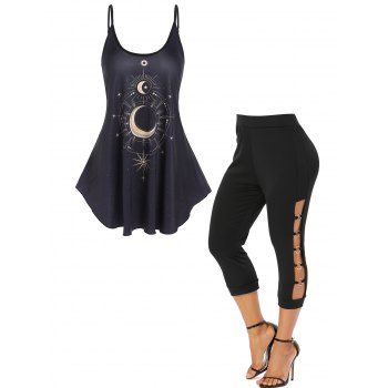 Celestial Moon Star Print Strappy Tank Top And Hollow Out O Rings Elastic High Waist Capri Leggings Outfit, Black
Celestial Moon Star Print Strappy Tank Top And Hollow Out O Rings Elastic High Waist Capri Leggings Outfit, Black