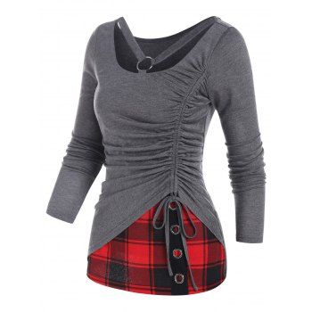 Casual Faux Twinset T Shirt Plaid Insert Grommet Cinched Cut Out Long Sleeve Tee, Gray
Casual Faux Twinset T Shirt Plaid Insert Grommet Cinched Cut Out Long Sleeve Tee, Gray