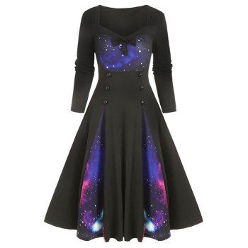 Casual Dress Galaxy Print Bowknot Mock Button Long Sleeve A Line Mini Dress, Black
Casual Dress Galaxy Print Bowknot Mock Button Long Sleeve A Line Mini Dress, Black
