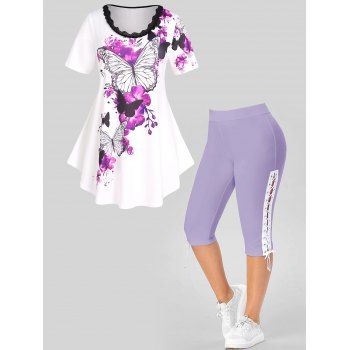 Plus Size Flower Butterfly Print Lace Ruffles Short Sleeve Tee And Eyelet Lace Up Capri Leggings Outfit, Multicolor
Plus Size Flower Butterfly Print Lace Ruffles Short Sleeve Tee And Eyelet Lace Up Capri Leggings Outfit, Multicolor