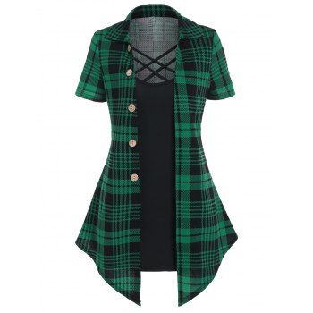 Casual Faux Twinset T Shirt Crisscross Plaid Print Mock Button Turn Down Collar Summer Tee, Deep green
Casual Faux Twinset T Shirt Crisscross Plaid Print Mock Button Turn Down Collar Summer Tee, Deep green