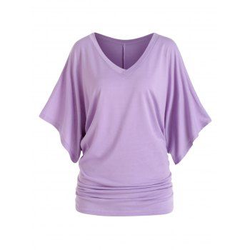 Solid Color T Shirt Casual T Shirt V Neck Bat Sleeve Ruched Loose Summer Tee, Light purple
Solid Color T Shirt Casual T Shirt V Neck Bat Sleeve Ruched Loose Summer Tee, Light purple