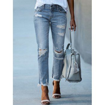 Ripped Jeans Zipper Fly Pockets Light Wash Jeans Frayed Hem Long Casual Denim Pants, Blue
Ripped Jeans Zipper Fly Pockets Light Wash Jeans Frayed Hem Long Casual Denim Pants, Blue